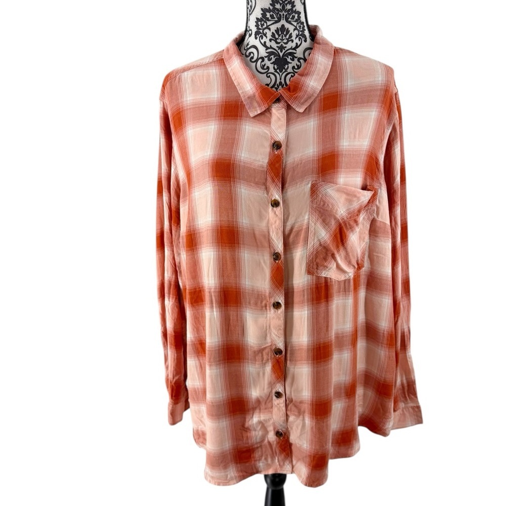 NWT Terra & Sky Plus 3X Plaid in Rust Relaxed Fit Lightweight Button Down Shirt